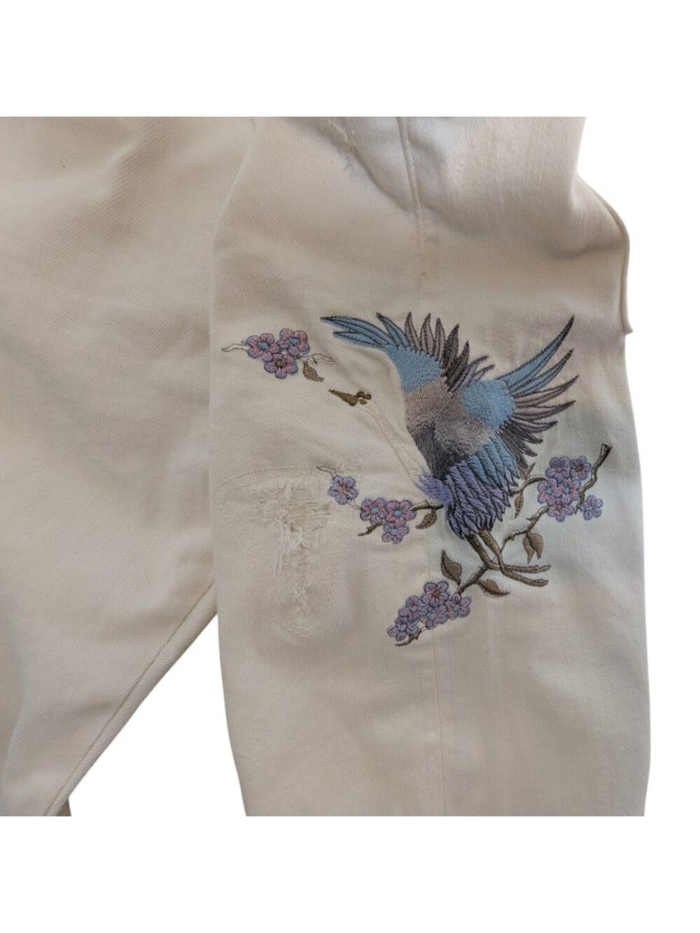 Tortoise White Selvedge Embroidered Bird Distressed Jeans Womens Y2K Grunge Butt - Picture 7 of 15